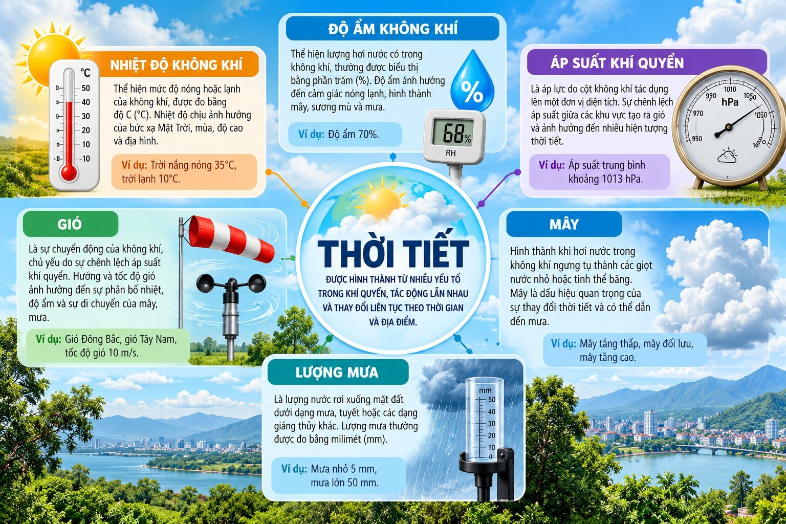 Infographic giải thích thời tiết là gì với các yếu tố nhiệt độ, độ ẩm, áp suất khí quyển, gió, mây và lượng mưa thường gặp