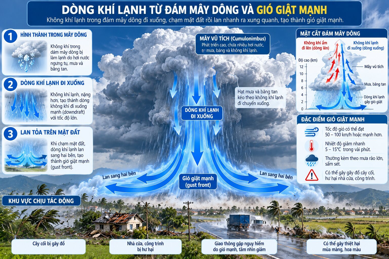 Sơ đồ hình thành gió giật khi dòng khí lạnh từ mây dông lao xuống mặt đất và lan rộng, tạo ra luồng gió mạnh đột ngột