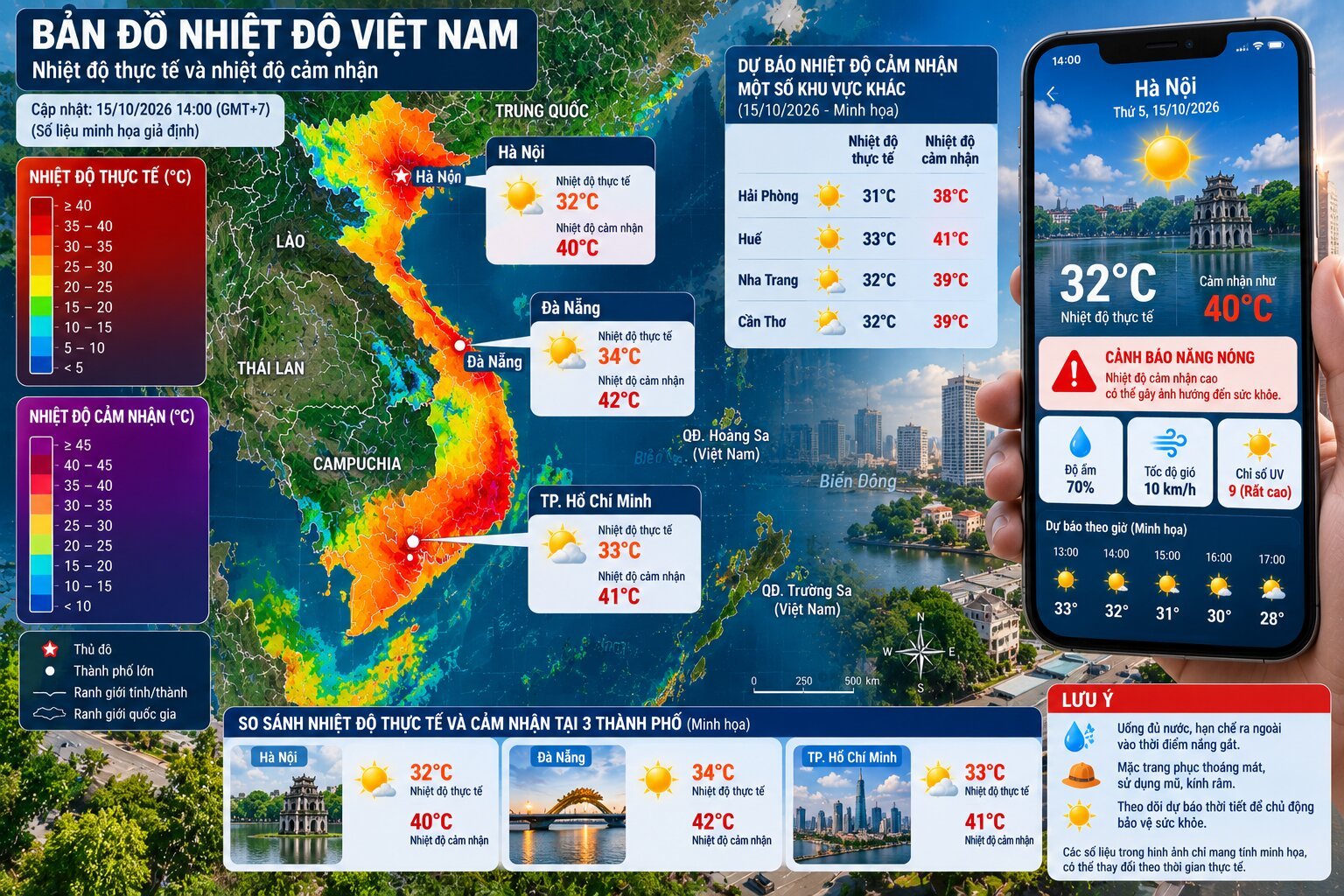 Bản đồ nhiệt độ cảm nhận tại Việt Nam với các chỉ số nhiệt độ, độ ẩm, tốc độ gió và thông tin thời tiết trên điện thoại
