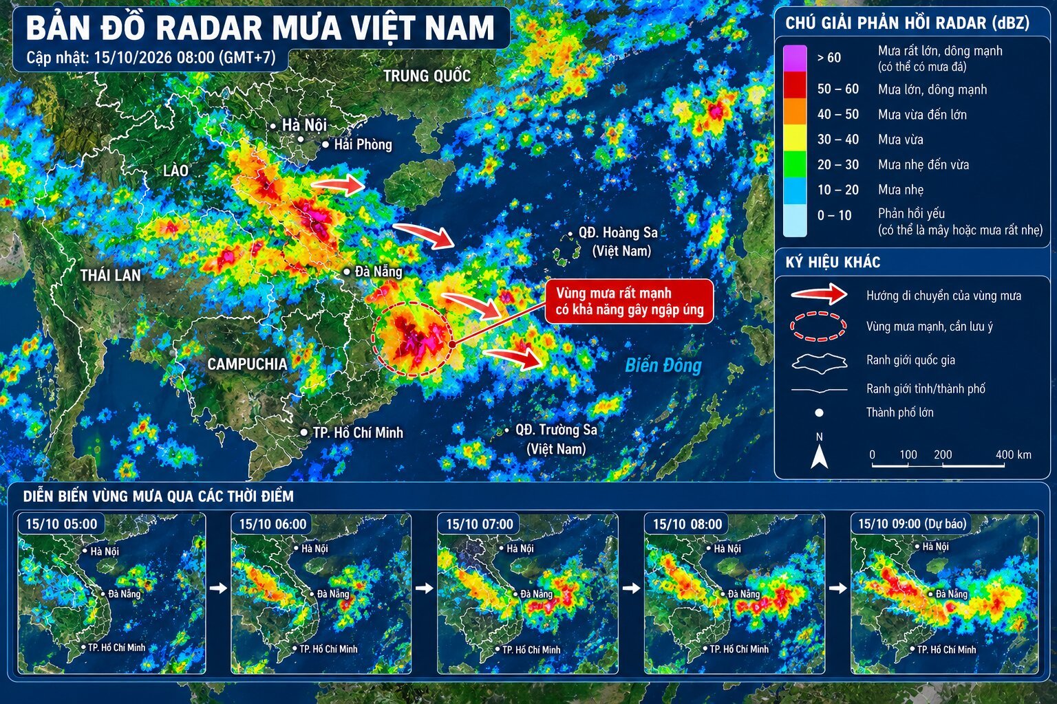 Bản đồ radar mưa Việt Nam với thang màu phản hồi dBZ, các vùng mưa mạnh và mũi tên minh họa hướng di chuyển của mây mưa