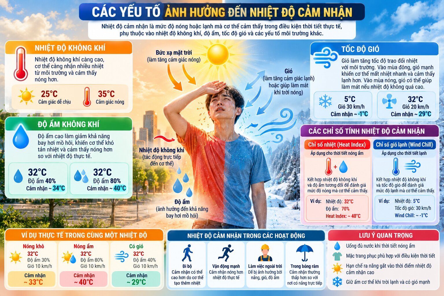Infographic giải thích cách tính nhiệt độ cảm nhận dựa trên nhiệt độ, độ ẩm, tốc độ gió và các chỉ số Heat Index, Wind Chill