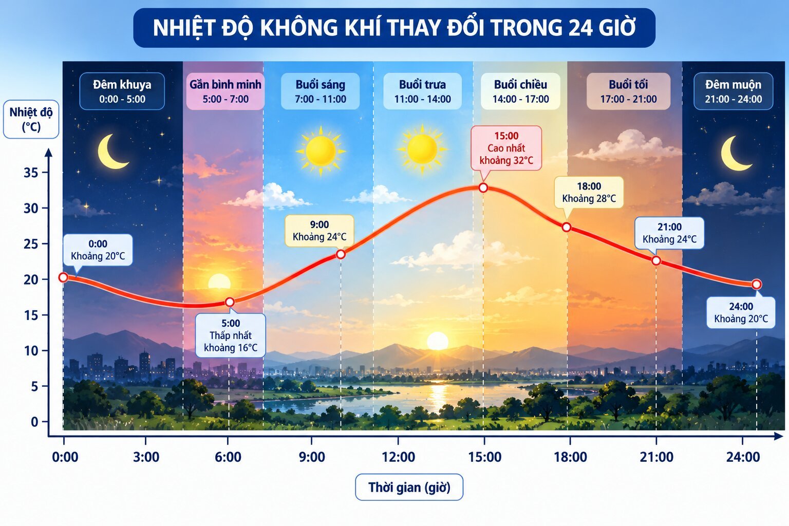 Biểu đồ nhiệt độ không khí trong 24 giờ minh họa sự thay đổi giữa ngày và đêm, với nhiệt độ thấp gần sáng và cao vào buổi chiều