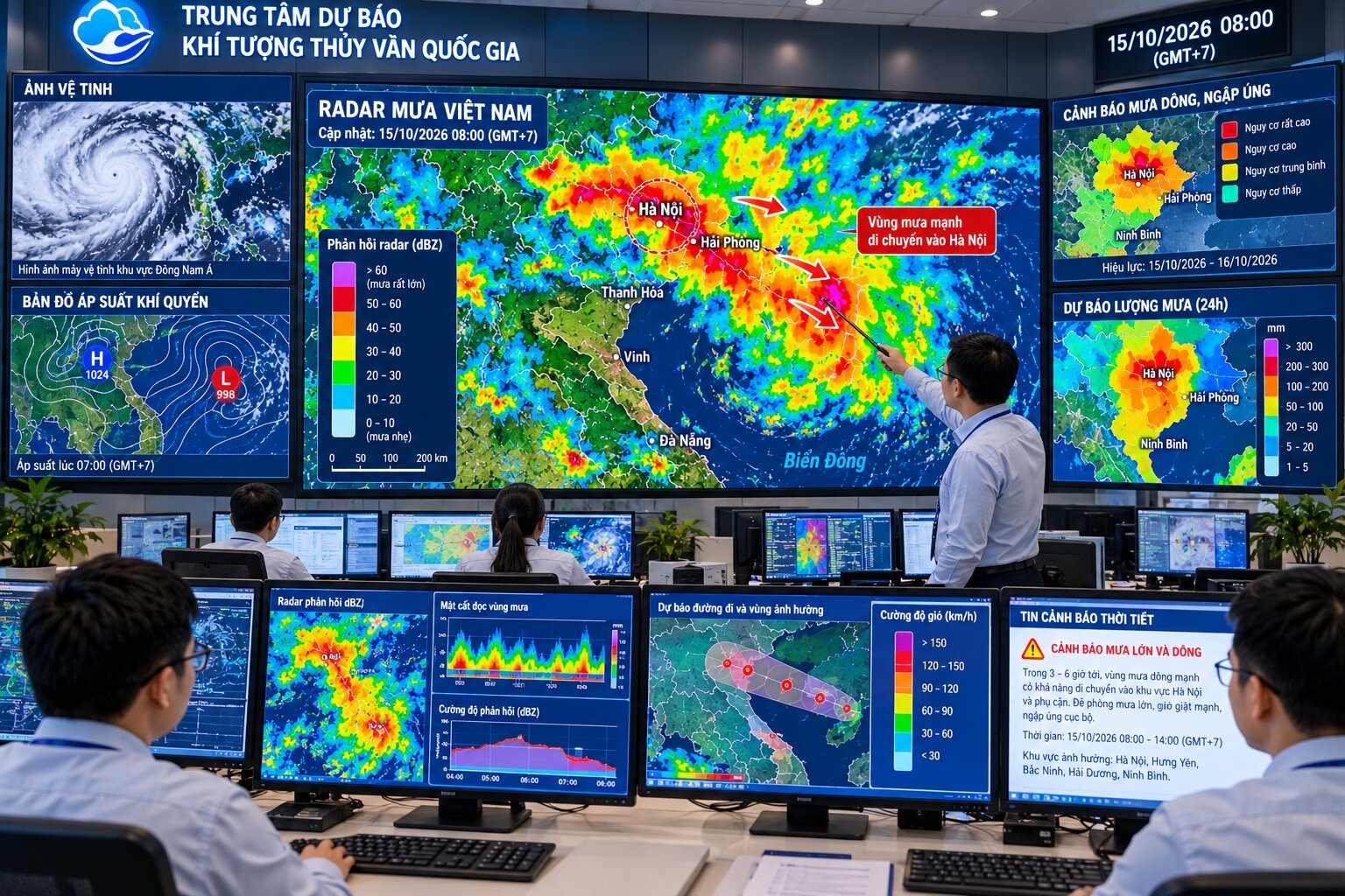 Trung tâm dự báo khí tượng với chuyên gia phân tích bản đồ radar mưa, ảnh vệ tinh và dữ liệu cảnh báo dông mạnh tại Việt Nam