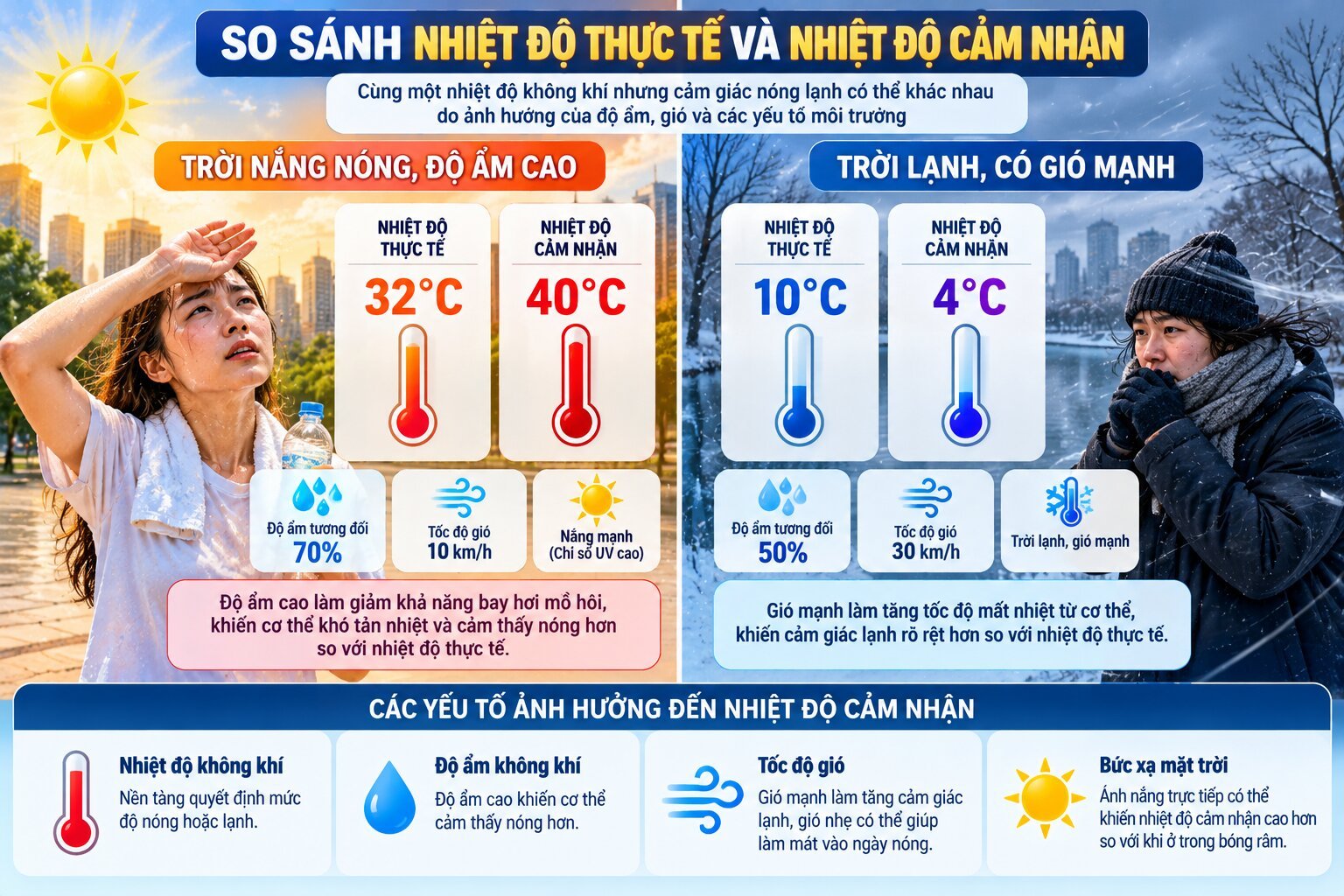 Infographic so sánh nhiệt độ cảm nhận và nhiệt độ thực tế trong thời tiết nóng ẩm và lạnh có gió, kèm biểu tượng nhiệt kế
