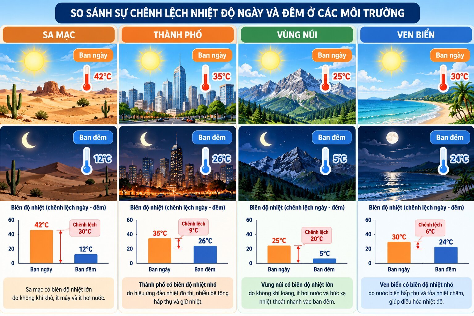 Infographic so sánh nhiệt độ ngày và đêm tại sa mạc, đô thị, vùng núi và ven biển cùng những yếu tố ảnh hưởng đến biên độ nhiệt