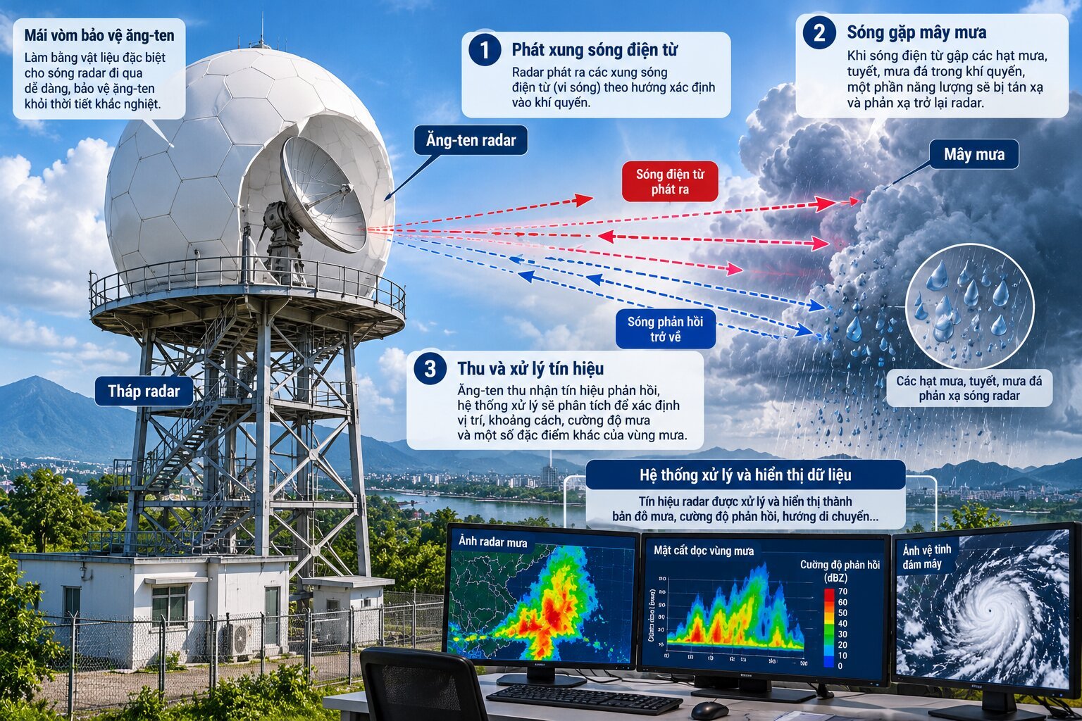 Trạm radar thời tiết hiện đại với mái vòm bảo vệ ăng-ten và sơ đồ sóng điện từ phản hồi từ các vùng mây mưa trong khí quyển