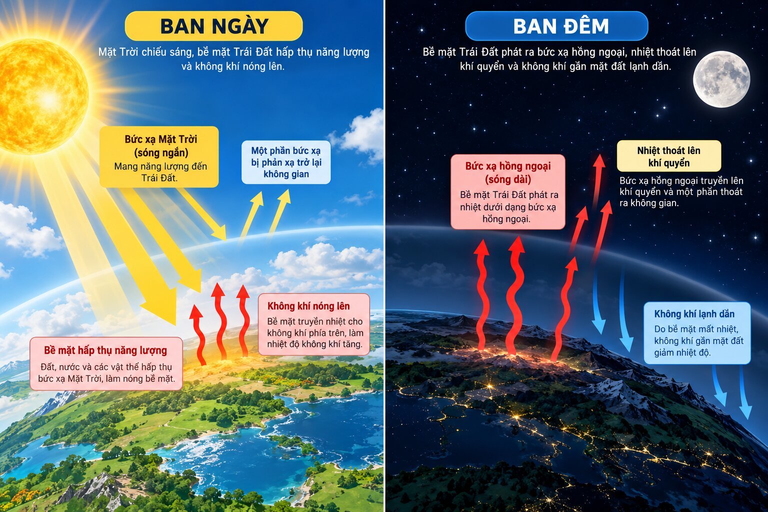 Infographic giải thích vì sao ban đêm lạnh hơn ban ngày qua quá trình hấp thụ bức xạ Mặt Trời và phát xạ nhiệt từ bề mặt Trái Đất