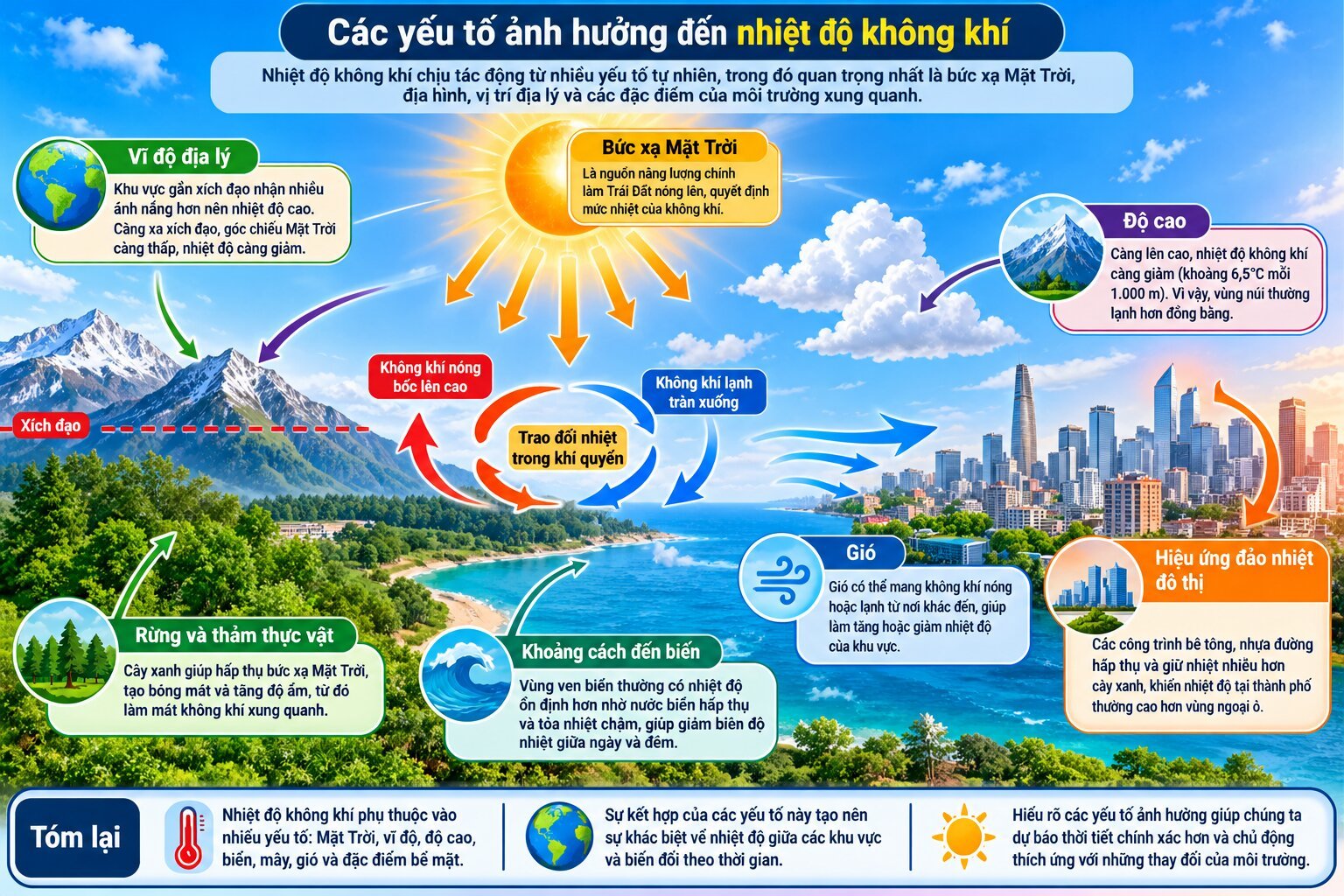Infographic các yếu tố ảnh hưởng đến nhiệt độ không khí gồm Mặt Trời, vĩ độ, độ cao, biển, mây, gió và đô thị hóa