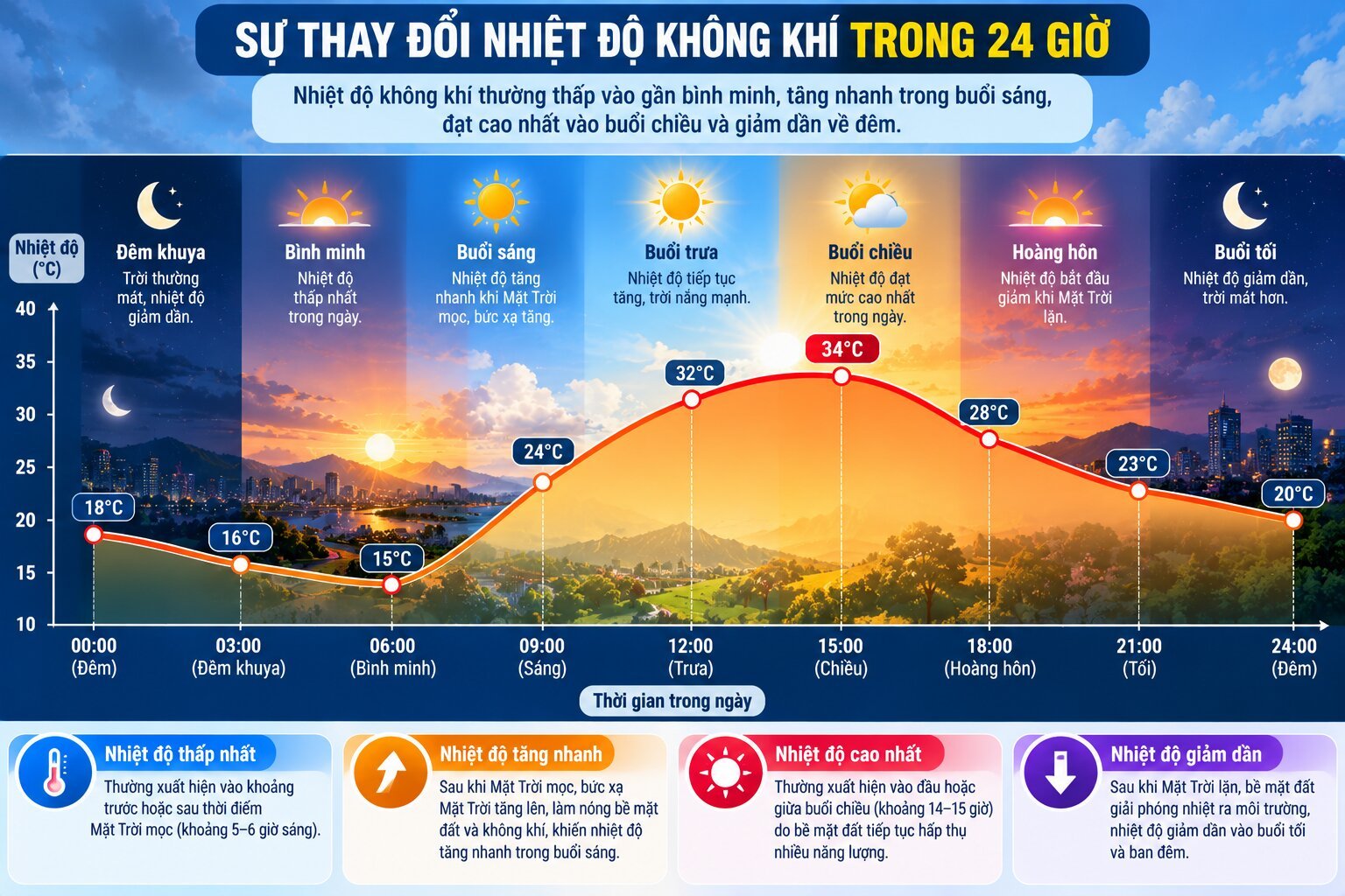 Biểu đồ biến đổi nhiệt độ không khí trong 24 giờ, thể hiện mức thấp vào sáng sớm, cao nhất buổi chiều và giảm về đêm